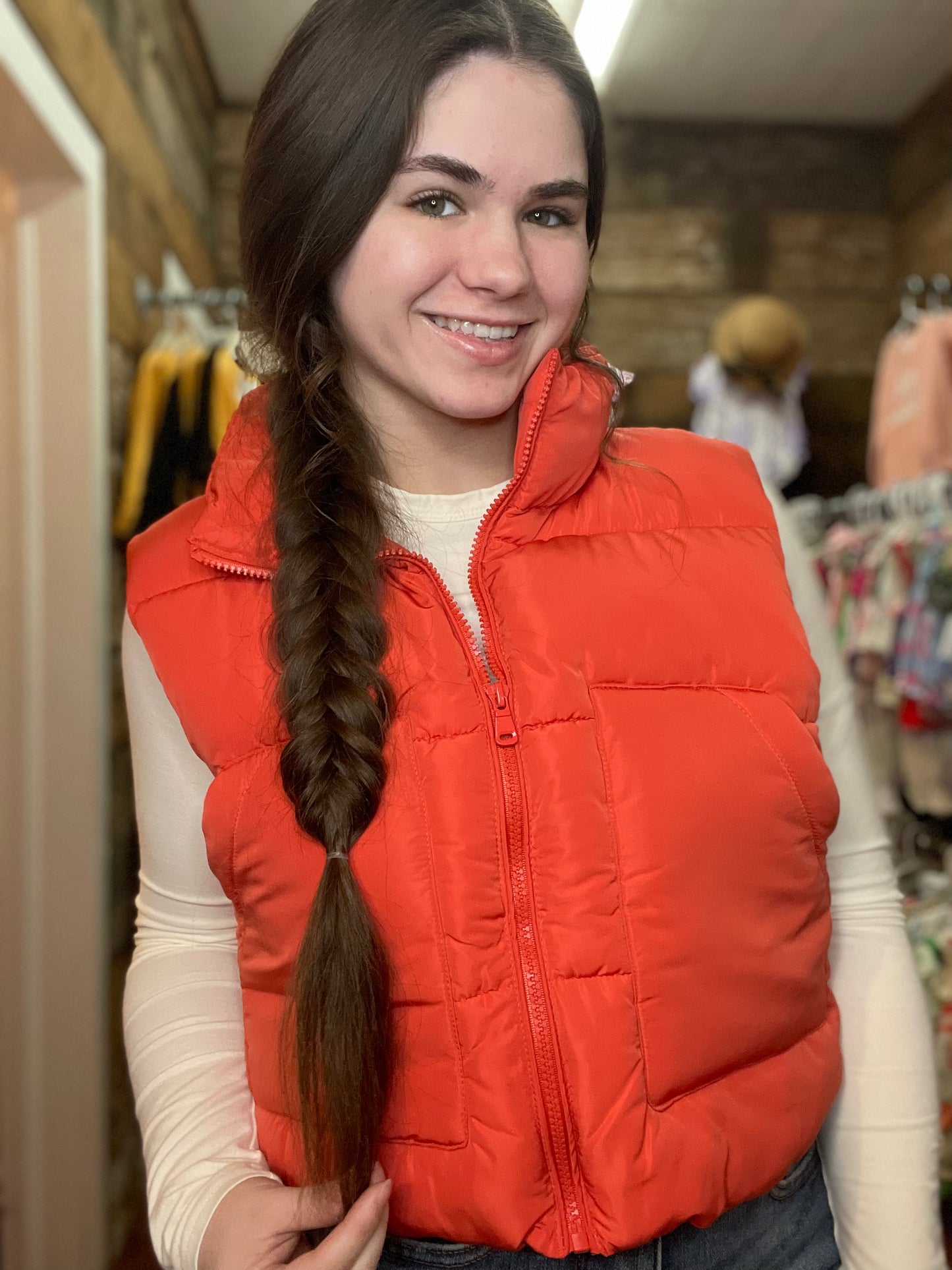 Puffer Vest With Pockets Tomato