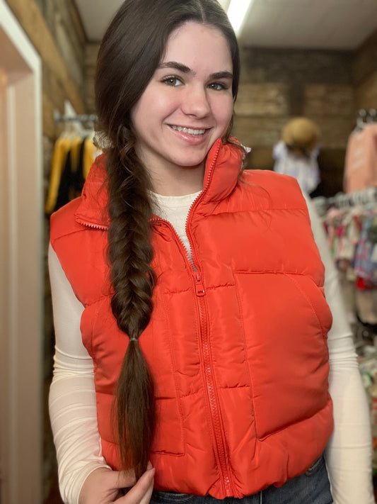 Puffer Vest With Pockets Tomato