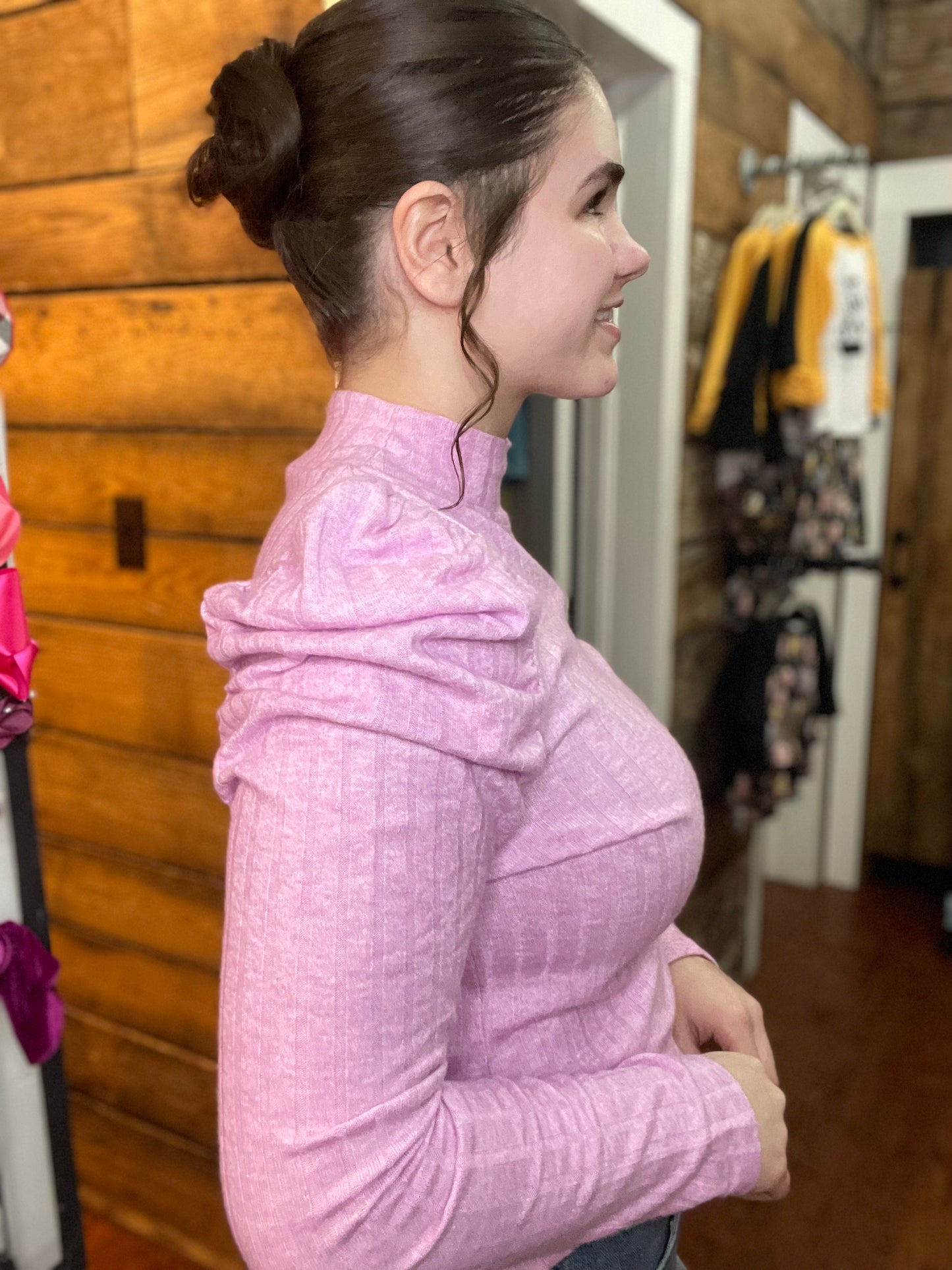Ribbed Puff Long Sleeve in Mauve