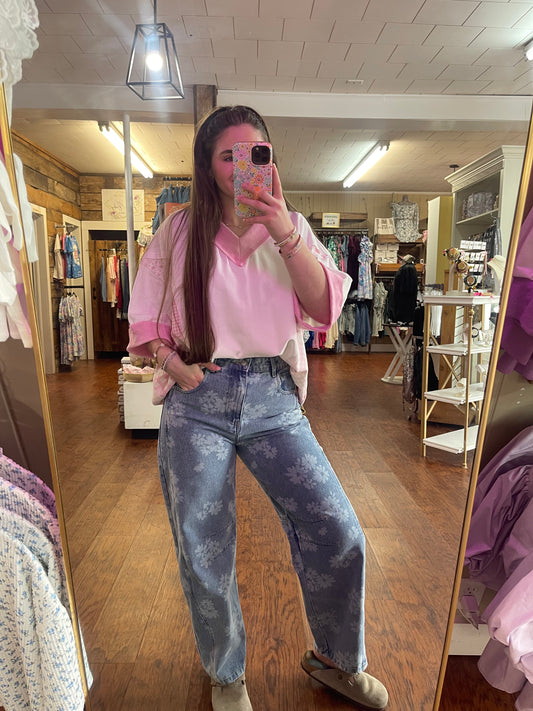 Fancy Floral Denim Barrel Jeans