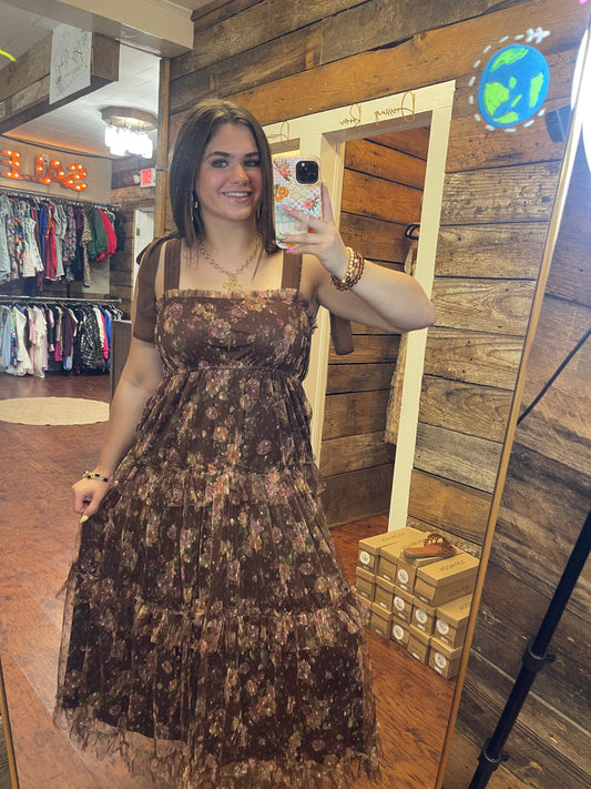 Margret Floral Tiered Midi Dress in Brown