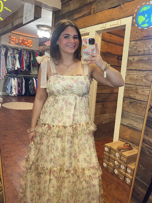 Margret Floral Tiered Midi Dress in Oatmeal