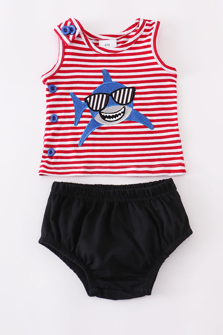 Red Striped Shark Applique Baby Set