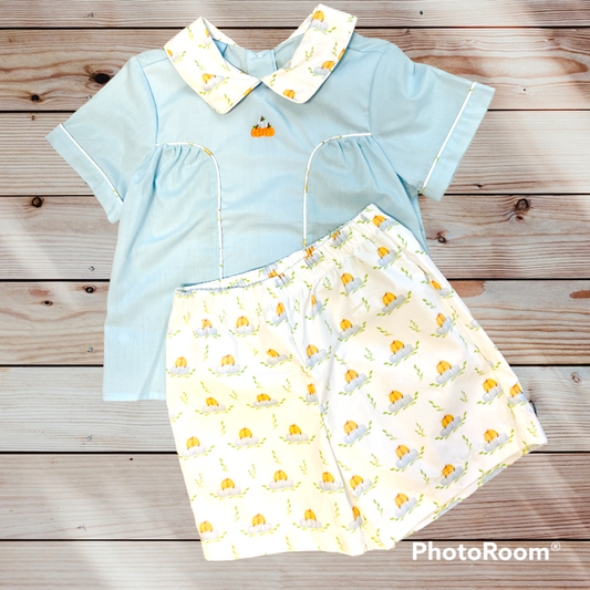 Boys Sweet Smocked Blue Pumpkin