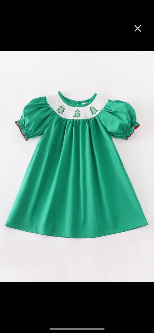Green Christmas tree embroidered smoked  dress